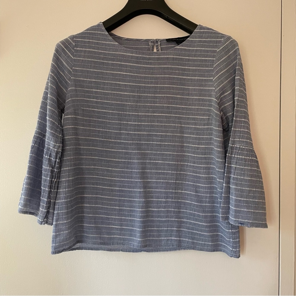 Tommy Hilfiger Cotton Blue and White Striped Bell Sleeve Peasant Blouse Size L